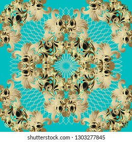Gold Baroque vector seamless pattern. Light blue ornamental background. Repeat floral lace backdrop. Luxury golden flowers, scroll leaves. Vintage baroque Damask ornament in antique Victorian style. 