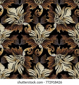 Gold Baroque vector tapestry  seamless pattern. Vintage grunge background. Antique endless embroidery floral ornaments in baroque style. Ornate damask gold flowers, scroll leaves. Embroidered texture.