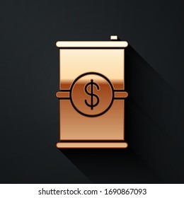 Gold Barrel oil with dollar symbol icon isolated on black background. Long shadow style. Vector Illustration