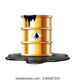 Gold Barrel With Oil Drop Label On Spilled Puddle Of Crude Oil. Vector Illustration Isolated On White Background