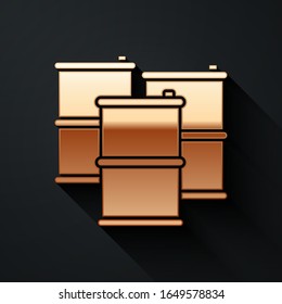 Gold Barrel oil icon isolated on black background. Long shadow style. Vector Illustration