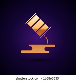 Gold Barrel oil leak icon isolated on black background.  Vector Illustration