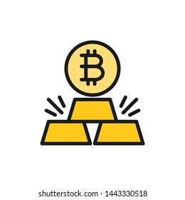 Gold bars with bitcoin, cryptocurrency flat color icon.