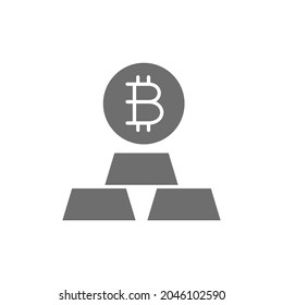 Gold bars with bitcoin, cryptocurrency grey icon.