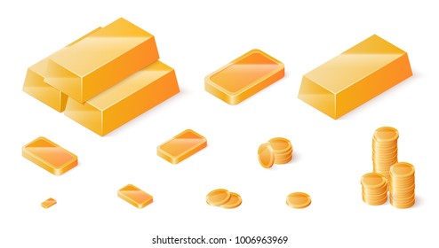 Gold Bars And Coins Set. Isometric Vector Illustration