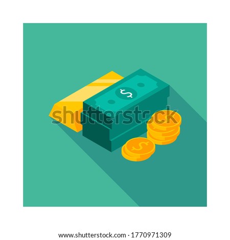 Gold Bars, Dollars and Coins icon vector isometric. Flat style vector illustration.