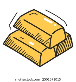 Gold bars doodle icon. Hand-drawn illustration of shiny metal bars. Concept of treasure, bank savings. Gold bullion.