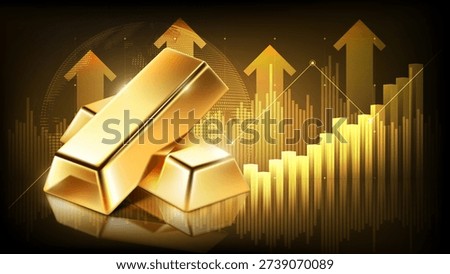 Gold bars with financial upward graph and arrows background. Global wealth, investment growth, and rising gold market price concept, vector illustration