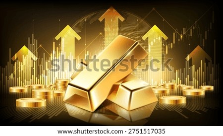 Gold bars with financial upward graph and arrows background. Global wealth, investment growth, and rising gold market price concept, vector illustration