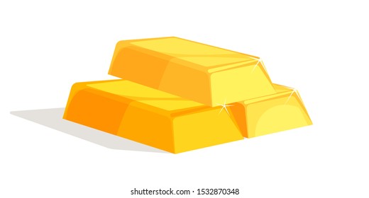 Gold bars flat vector illustration. Treasure isolated clipart on white background. Financial success, business investment concept. Yellow precious metal design element. Shiny gold ingot