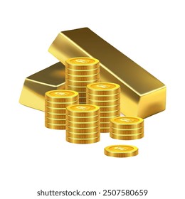 Gold bars with golden coins on white background. Realistic golden bars and golden coins