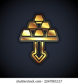 Icono de barras doradas aisladas en fondo negro. Caída de metales preciosos. Concepto de negocio bancario.  Vector