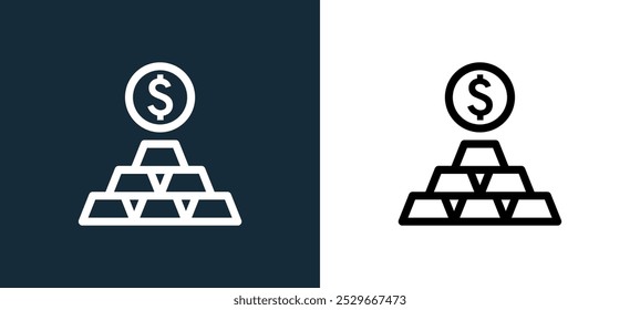 Icono de barras de oro aislado en colores blanco y negro Las barras de oro delinean el ícono de Vector lineal de la colección de negocios y finanzas para App móviles, Web y UI.