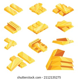 Gold bars icon set for web, games, applications in cartoon style. Financial concept, banking business, prosperity, treasure symbols. Vector isolated objects on white background