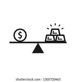 Gold bars on a scale with coin. Financial concept. Simple design, stroke outline style. Line vector. Isolate on white background.