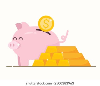 Gold bars and piggy bank for saving money, Finance and money concept, A lot of money and gold bar.