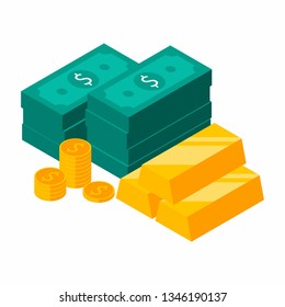 Gold Bars Pile, Dollars Bundles, Money, Dollar, Pile of money, Coin, Isometric, Finance, Business, No background, Vector, Flat icon, Money illustration of wealth and condition.