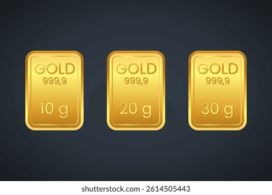 Gold Bars with Realistic Shadows Displayed in Various Gram Weights Vector