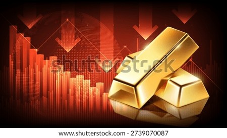 Gold bars with red downward financial graph and arrows. Concept of falling gold market price, economic crisis, and investment loss, vector illustration