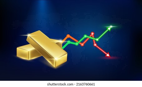 Gold bars with red-green arrows up and down on dark background. The growth of world gold. Business economic concept. 3D Vector illustration.