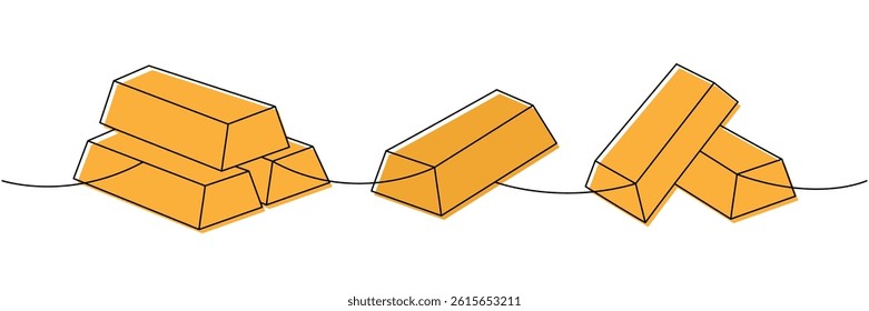 Gold bars set one line colored continuous drawing. Money investment and finance. Vector illustration.