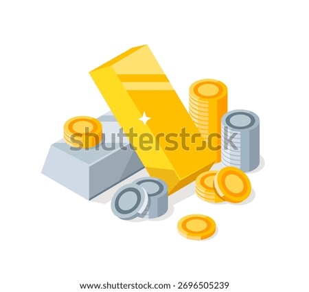 Gold bars and silver bars,Gold coins and silver coins,flat design icon vector illustration