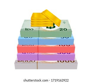 gold bars and stack thai money, gold bullion and banknote THB of thailand, financial business and savings concepts, thai baht money and gold bar isolated on white, bank note paper money bullion gold