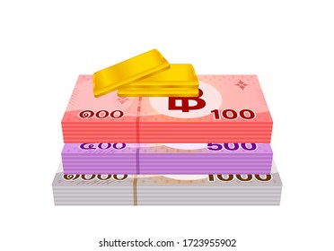 gold bars and stack thai money, gold bullion and banknote THB of thailand, financial business and savings concepts, thai baht money and gold bar isolated on white, bank note paper money bullion gold