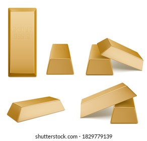 Gold bars, vector golden bricks, yellow precious metal bullion blocks of highest standard. Money investment, banking, finance system, capital isolated on dark background 3d realistic illustration, set