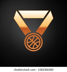 Gold Basketball medal with ribbon icon isolated on black background.  Vector Illustration