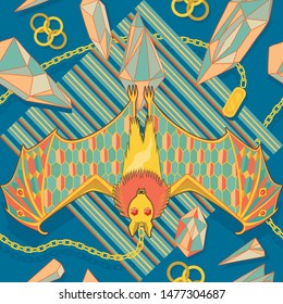 Gold bat broach seamless repeating pattern with gold chain & crystals -Vector.