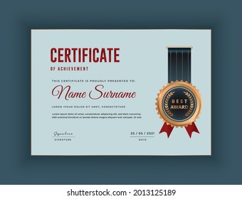 Gold batch with ribbon certificate of achievement design best diploma award certificate white background