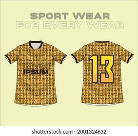 gold batik Fabric textile pattern design for soccer jersey football, e-sport or sport uniform. sumblimation pattern ready to print. Front and back view t-shirt mockup template design.
