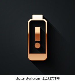 Gold Battery charge level indicator icon isolated on black background. Long shadow style. Vector Illustration