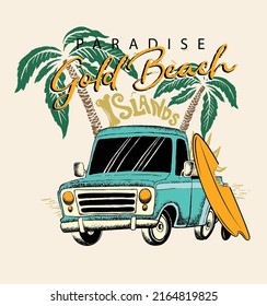 Gold beach .Vector surf car and palm tree illustration