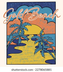 Gold beach.Palm tree island print design for t shirt print, poster, sticker, background and other uses. Beach vibes with surfing board vintage print design.