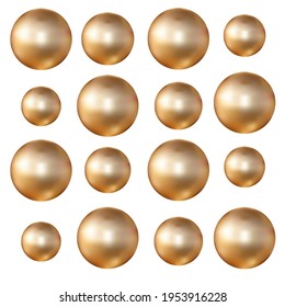 Gold beads isolated on white background close up. Gold ball with a metallic sheen effect. Realistic chrome sphere 3d. Set of gold beads for trendy designs and jewelry.