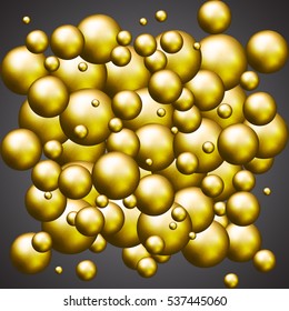 Gold beads on dark gray background. Golden bubbles. Vector illustration