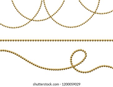 Gold beads on a white background. A beautiful chain of yellow color. Net beads are realistic. Decorative element from golden ball design.vector illustration.