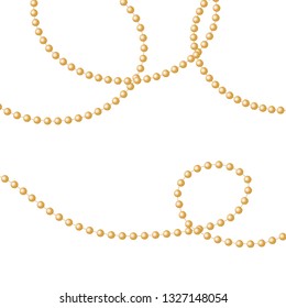 Gold beads on a white background.
Set of gold beads and gold chains.
Different models and forms of gold beads.
Realistic image of beads. Vector illustration.