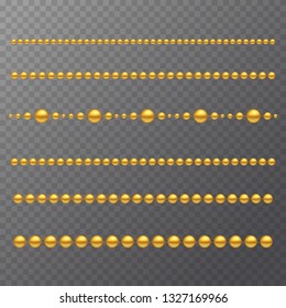Gold beads on a white background.
Set of gold beads and gold chains.
Different models and forms of gold beads.
Realistic image of beads. Vector illustration.