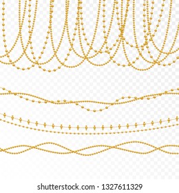 Gold beads on a white background.
Set of gold beads and gold chains.
Different models and forms of gold beads.
Realistic image of beads. Vector illustration.