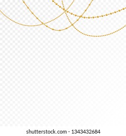 Gold beads on a white background.
Set of gold beads and gold chains.
Different models and forms of gold beads.
Realistic image of beads. Vector illustration.