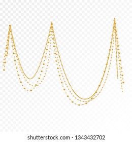 Gold beads on a white background.
Set of gold beads and gold chains.
Different models and forms of gold beads.
Realistic image of beads. Vector illustration.