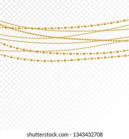 Gold beads on a white background.
Set of gold beads and gold chains.
Different models and forms of gold beads.
Realistic image of beads. Vector illustration.