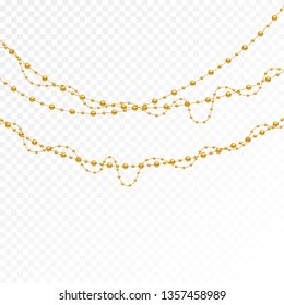 Gold beads on a white background.
Set of gold beads and gold chains.
Different models and forms of gold beads.
Realistic image of beads. Vector illustration.