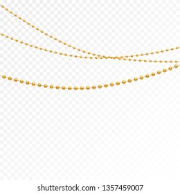 Gold beads on a white background.
Set of gold beads and gold chains.
Different models and forms of gold beads.
Realistic image of beads. Vector illustration.