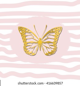 Gold beautiful butterfly on striped background, T-shirt design for girls vector illustration. 