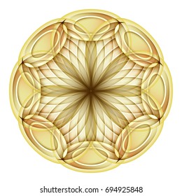 Gold Beautiful Decorative Ornate Mandala. Floral Ethnic Arabic Amulet. Art Deco, Asian Style Design Element. Realistic Vitrage Ornaments. Vector 3d Illustration. Ornamental Abstraction