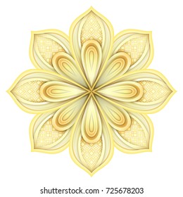 Gold Beautiful Decorative Ornate Mandala. Floral Ethnic Arabic Amulet. Art Deco, Asian Style Design Element. Realistic Glossy Ornament. Vector 3d Illustration. Ornamental Abstraction